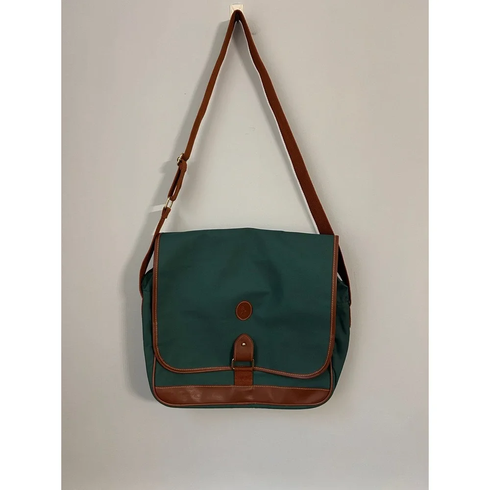 VTG Polo Ralph Lauren Messenger Bag Green Canvas Brown Trim Crossbody Laptop Bag